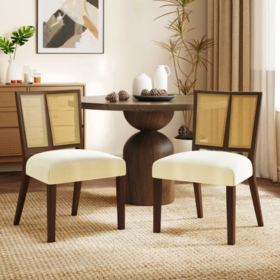 Of 2 Mid - Century And Wood Armless Dining Chairs In Walnut Beige, , Cane Back, 22.25" Deep 2, Accent, Soft Fabric Upholstered Seats, 30.37 Lb