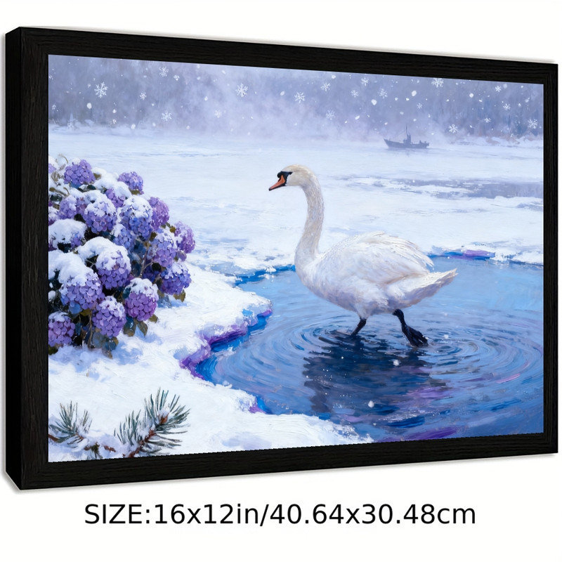 Reproduction encadrée noire de cygnes et d'hortensias enneigées, impression de peinture de paysage d'hiver impressionniste