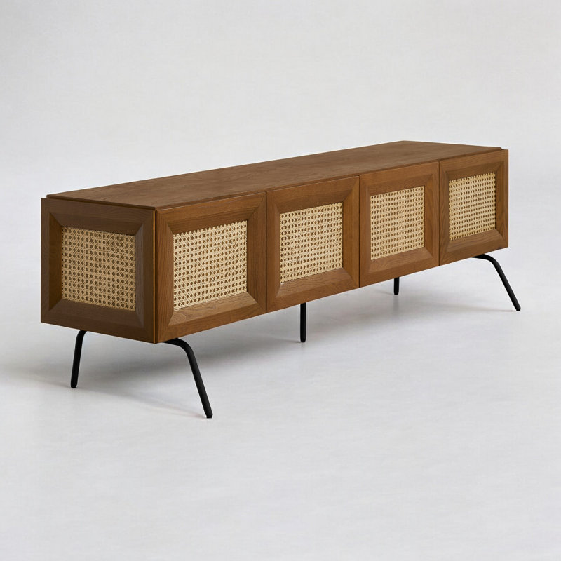  NTC Mossic TV Media Cabinet, Entertainment Center with Natural Rattan, Metal Legs, Modern Storage Console for Living Room and Bedroom, Effortless Assembly