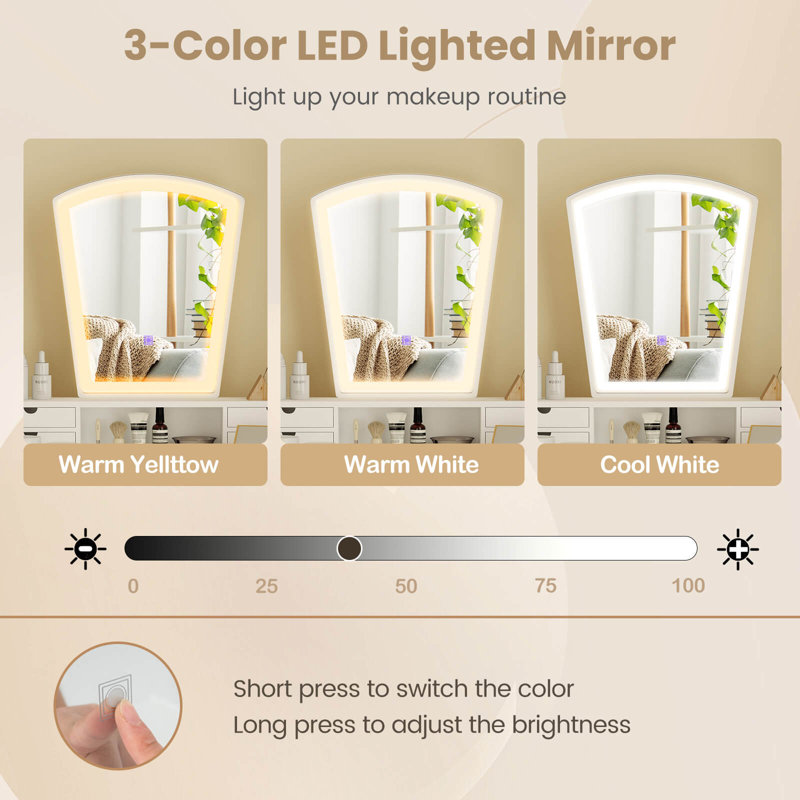  Ensemble de bureau de meuble-lavabo avec miroir éclairé 3 tiroirs à lumières DEL réglables