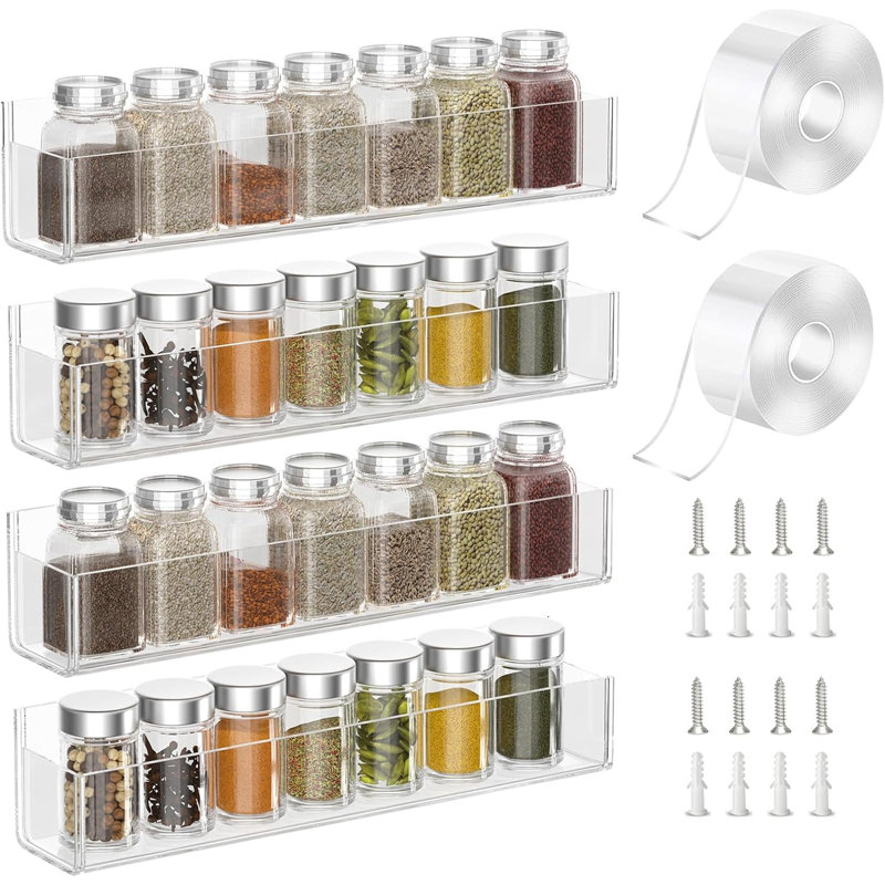Étagère à épices adhésive en acrylique pour mur avec 2 rubans Nano à double face, étagère à épices pour porte d'armoire de cuisine / porte de garde-manger, support d'assaisonnement mural (paquet de 4 transparents)