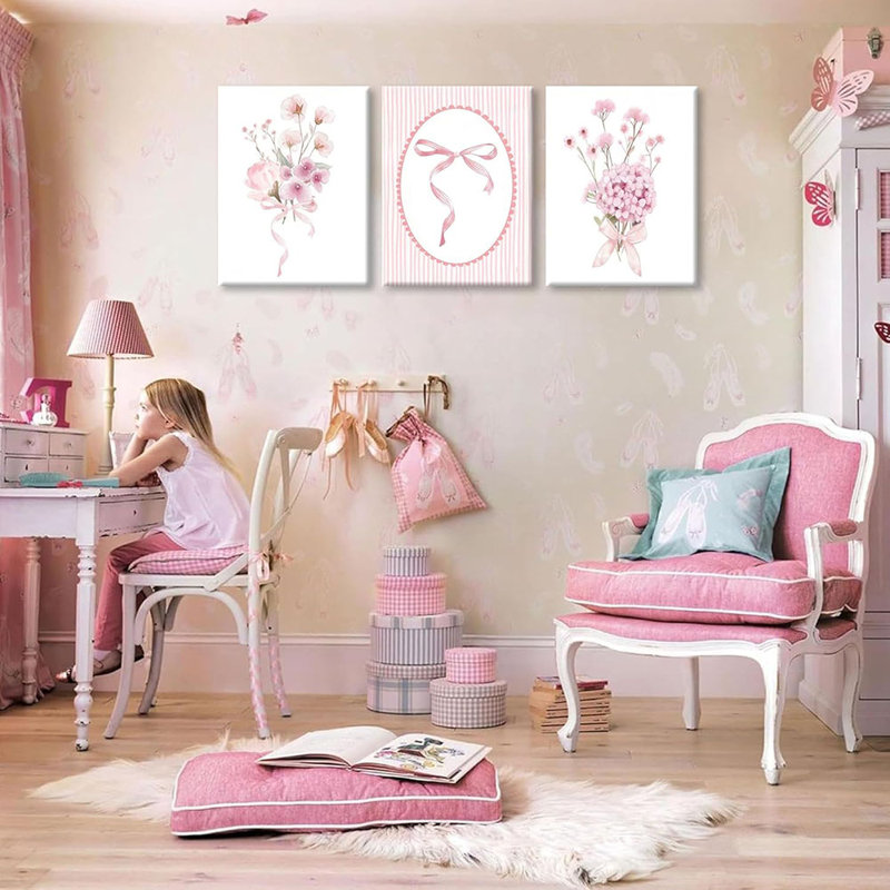 3Pcs Pink Nursery Flower Canvas Wall Art Floral Bow Wall Decor Cute Botanical Flower Pictures Coquette Aesthetic Poster Prints Preppy Painting For Bedroom Dorm Apartment Home