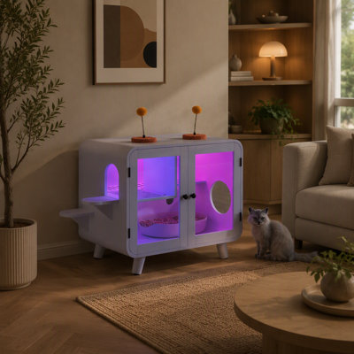 Enceinte de litière cachée pour chat avec lumière DEL RVB, maisonnette pour chat avec escalier et jouets à pompons pour le plaisir, armoire de toilette pour chat avec passage pour fuites de litière et portes en verre pour une meilleure vue, blanc