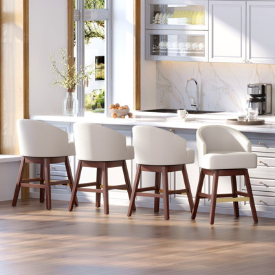 Swivel 31.9'' Faux Leather Bar Stool with Solid Wood Legs, White