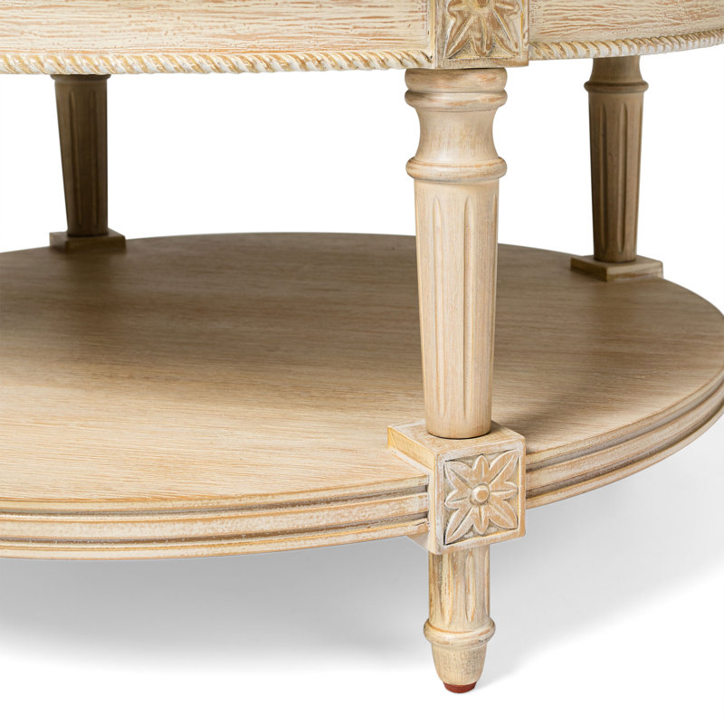Antiqued White Round Wooden Coffee Table with Shelf Storage
