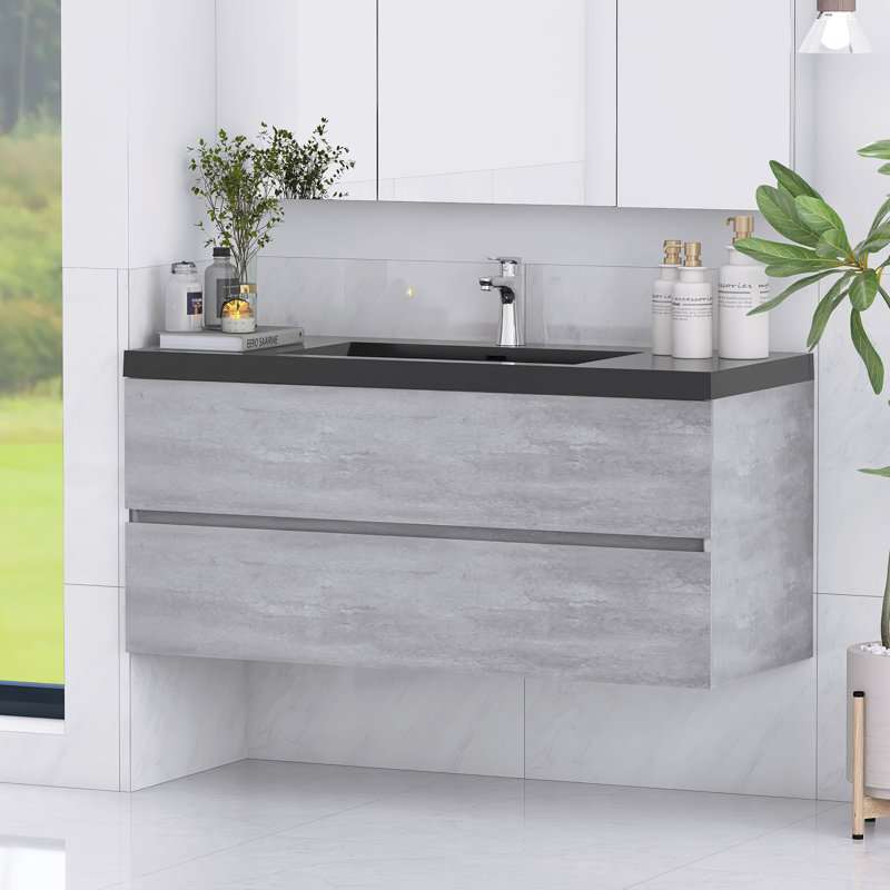 Meuble-lavabo mural moderne avec cuve en quartz noir, 48 in.