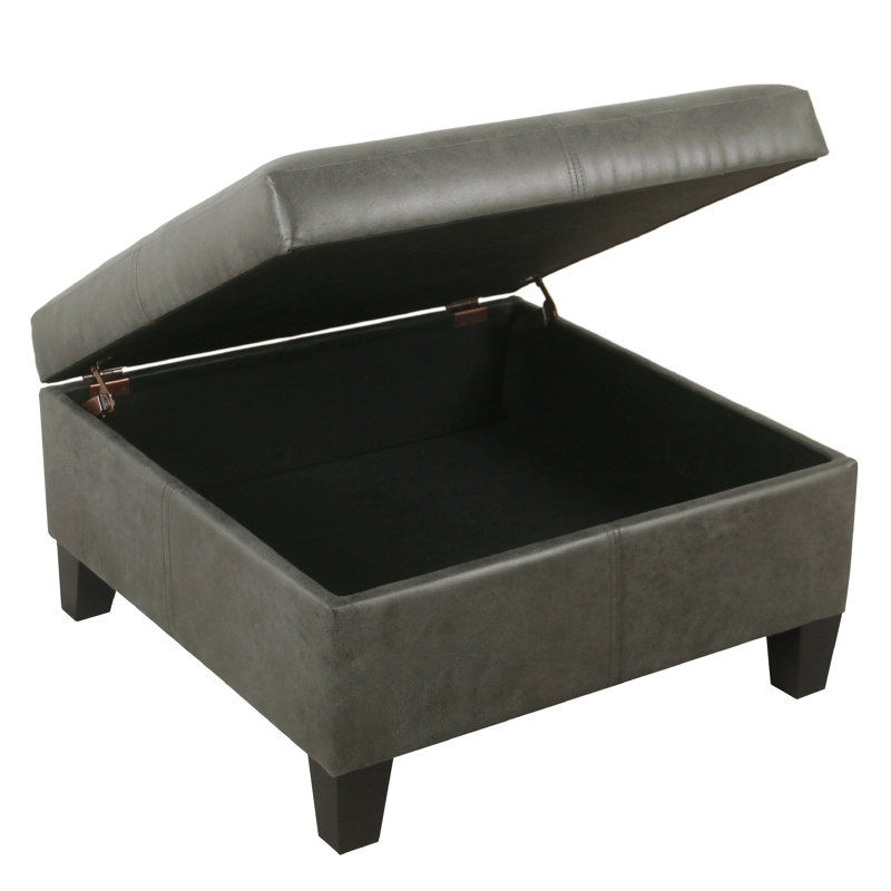 Leo Square Storage Ottoman, Distressed Faux Leather, 28 Inch, Gray, Black