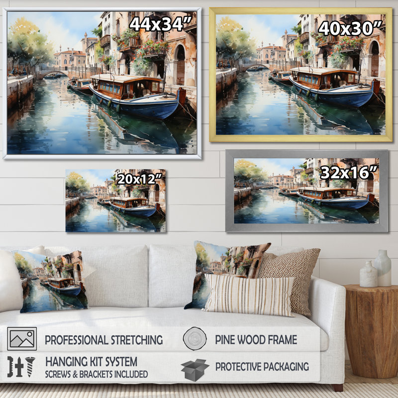 «Beige Canal Watercolor Whimsy I», reproduction sur toile, Cadre flottant doré, H 30 po x l 40 po x P 1,5 po