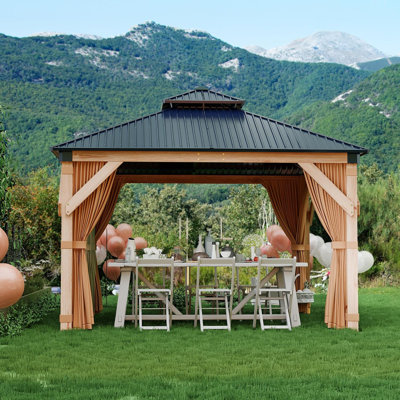 Gazebo en bois rigide de 3 m x 3 m avec double toit métallique – Gazebo d'extérieur robuste et résistant aux intempéries, avec moustiquaire et rideaux, idéal pour terrasse, patio, cour ou jardin.