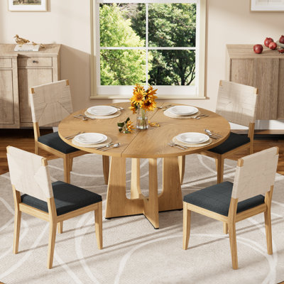 Table de salle à manger ronde 47 po et ensemble de 4 chaises rembourrées en forme de T, table et chaises au fini chêne / noyer / marbre, maison de campagne pour la cuisine