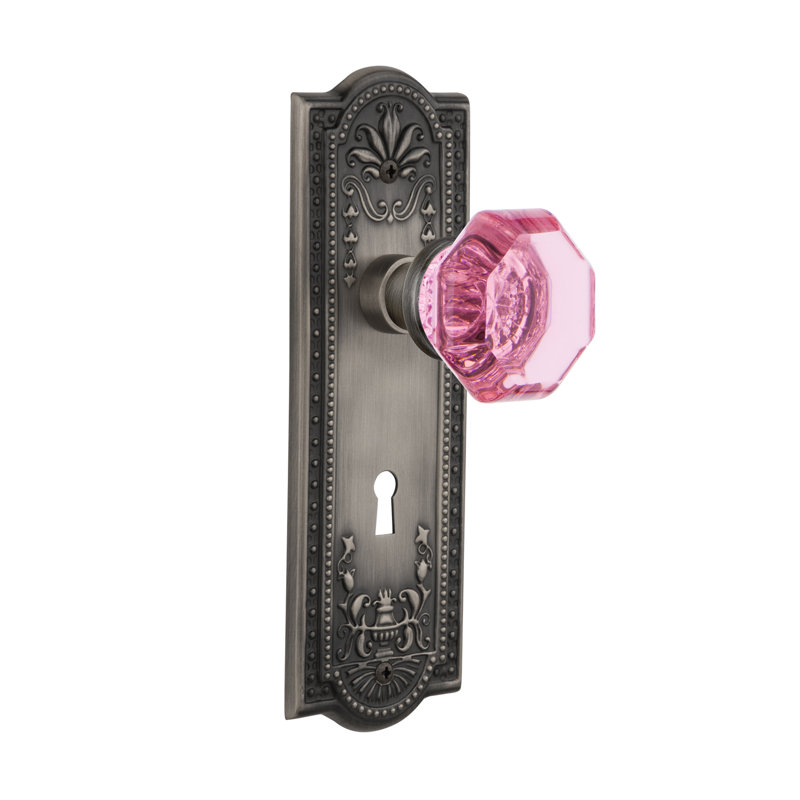 Plaque Meadows avec trou de serrure décoratif et bouton de porte rose Waldorf, 2 3/8 po, Étain antique