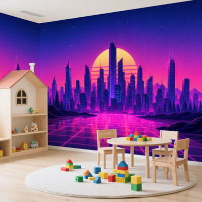 Papier peint adhésif auto-adhésif Vintage vaporwave Cyber City mauve rose néon lueur lever du soleil coucher de soleil Papier autocollant amovible pour décoration murale H 100 po x l 144 po