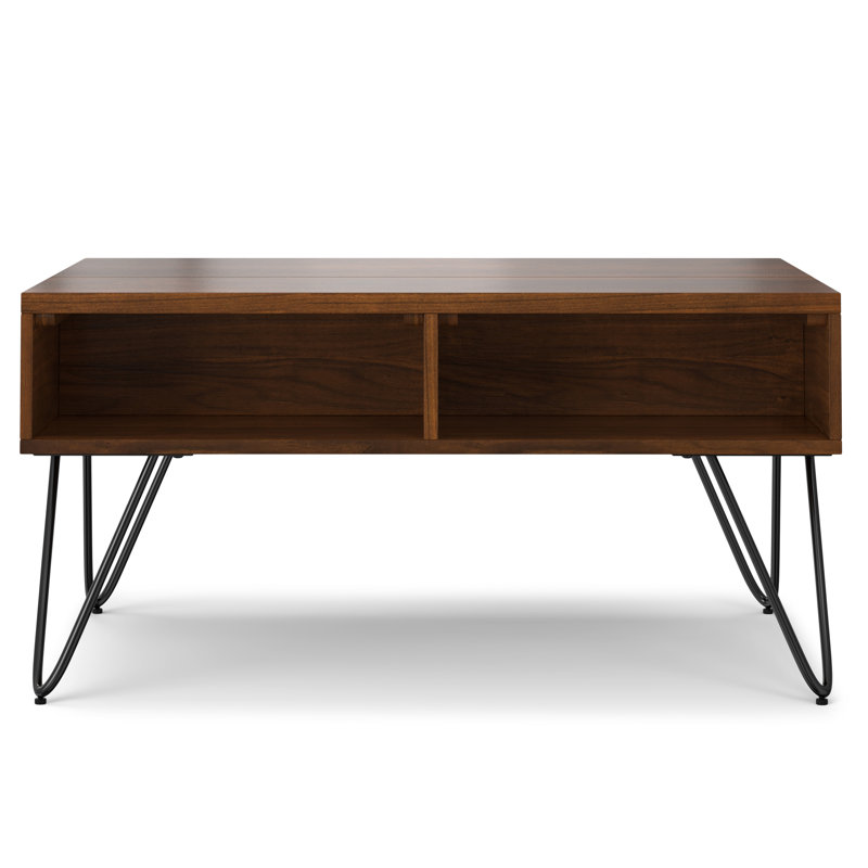 Hunter Solid Wood and Metal Industrial Small Lift Top Coffee Table with Hidden Storage, 2 Cubbies and Hairpin Legs