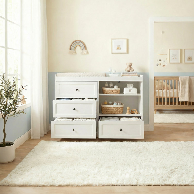 Commode à langer blanche avec 4 tiroirs et tablette réglable, station à langer en bois, Blanc