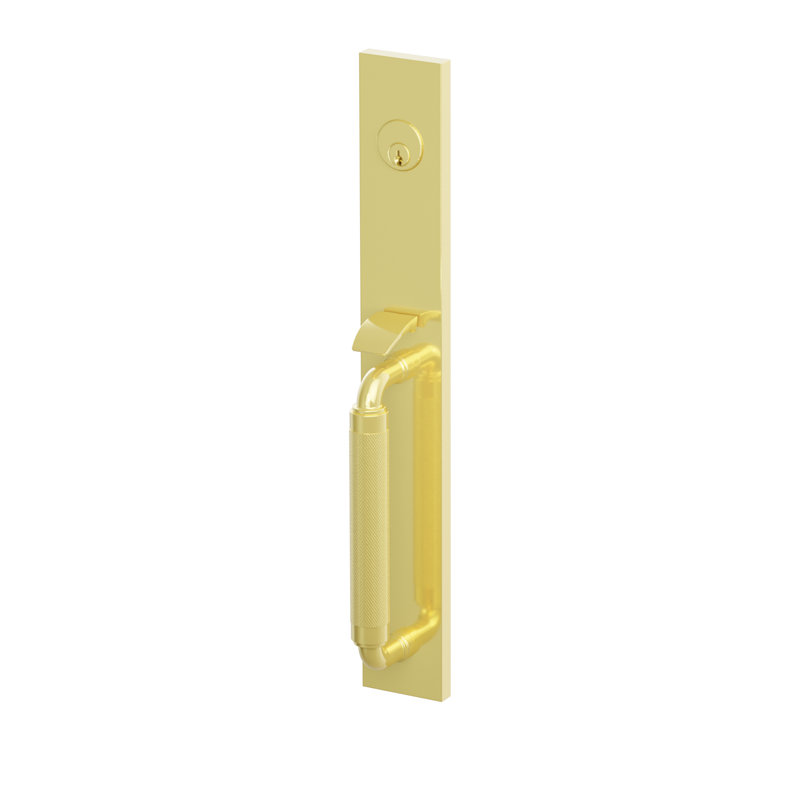 Ensemble de pinces d'entrée Emtek SELECT, F20, à mortaiser pleine longueur, entraxe de 63,5 mm (2-1/2"), tige extérieure en forme de R, poignée moletée ; poignée intérieure Hercules, laiton satiné, pour droitier