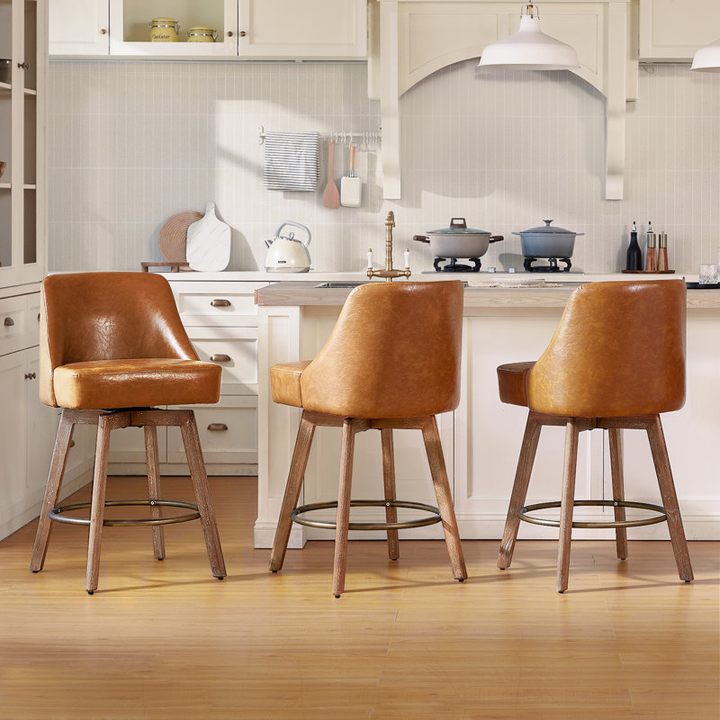Tabourets de bar à hauteur de comptoir, tabouret de bar confortable en similicuir brun avec tabourets pivotants à hauteur de comptoir 3，360 °, pieds en bois massif, tabourets de bar avec dossier profilé