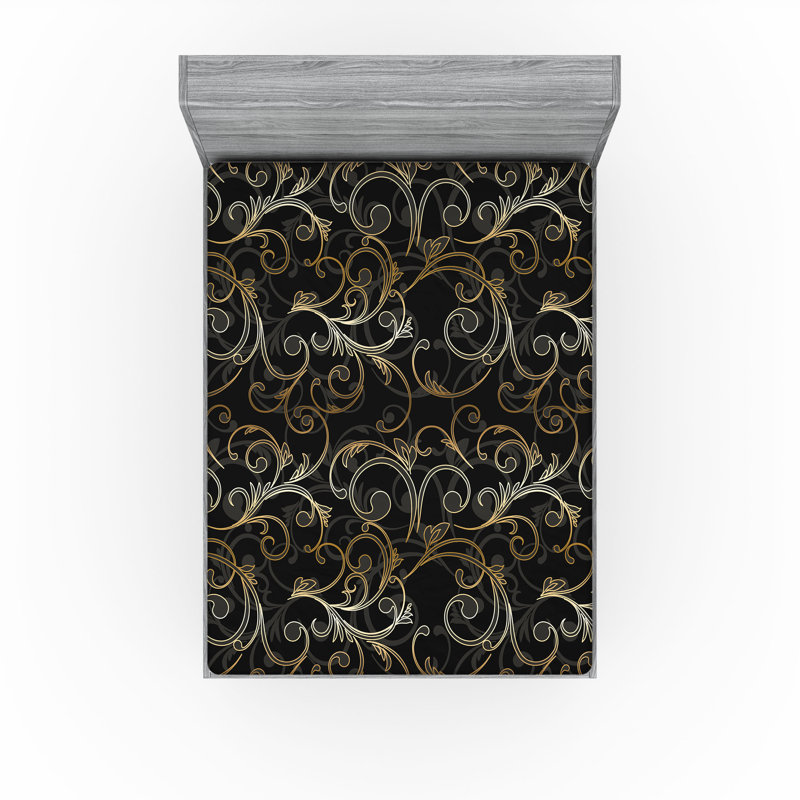 Ambesonne Nature Fitted Sheet Leaves Botanical Style Art, Dark Blue/Gray/Amber Floral, California King Fitted Sheet