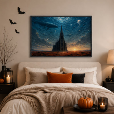 Cathédrale gothique avec ciel sous-marin et baleines, art mural d'Halloween