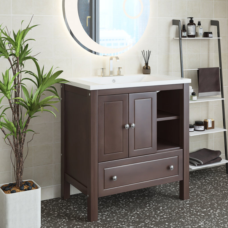 Meuble-lavabo simple 30 po avec plateau en céramique Cheris, Brun