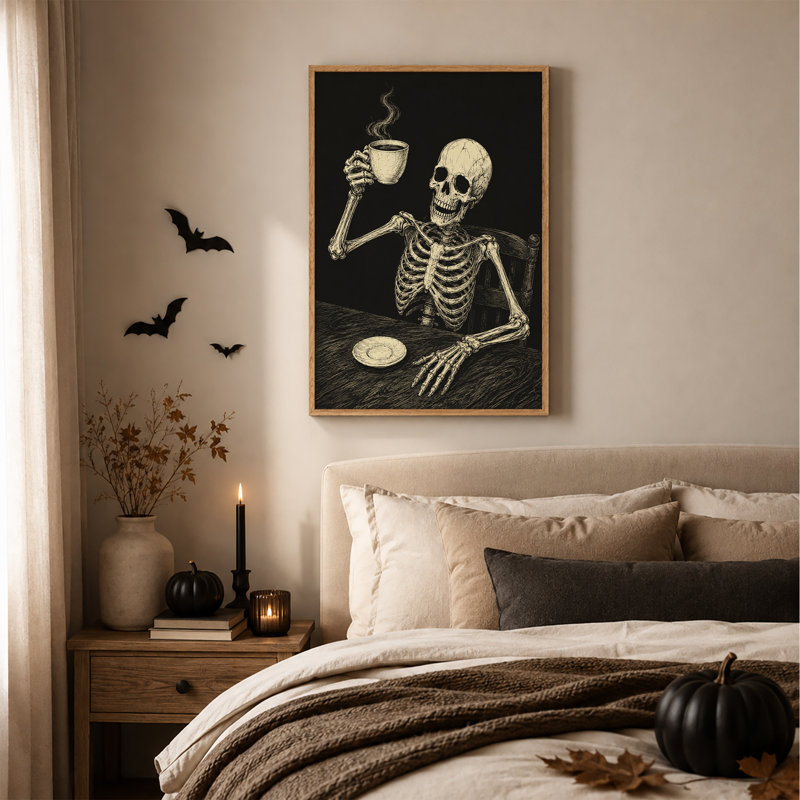 Squelette buvant une tasse de café fumant à une toile d'Halloween en bois, H 24 po x l 18 po