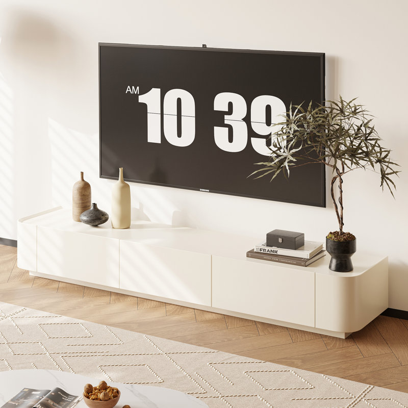 Minimalist Floor TV Stand, No Assembly Required, Long Media Console with Hidden Storage Drawers, 70.86”L, White