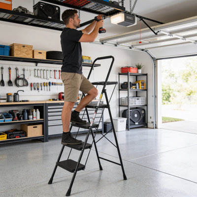 4-Step Ladder with Handrail, 800 LB Capacity ANSI Certified Folding Step Stool, Anti-Slip Wide Pedal, Lightweight Steel, Portable & Foldable for Kitchen, Garage, Office & Adults, Black