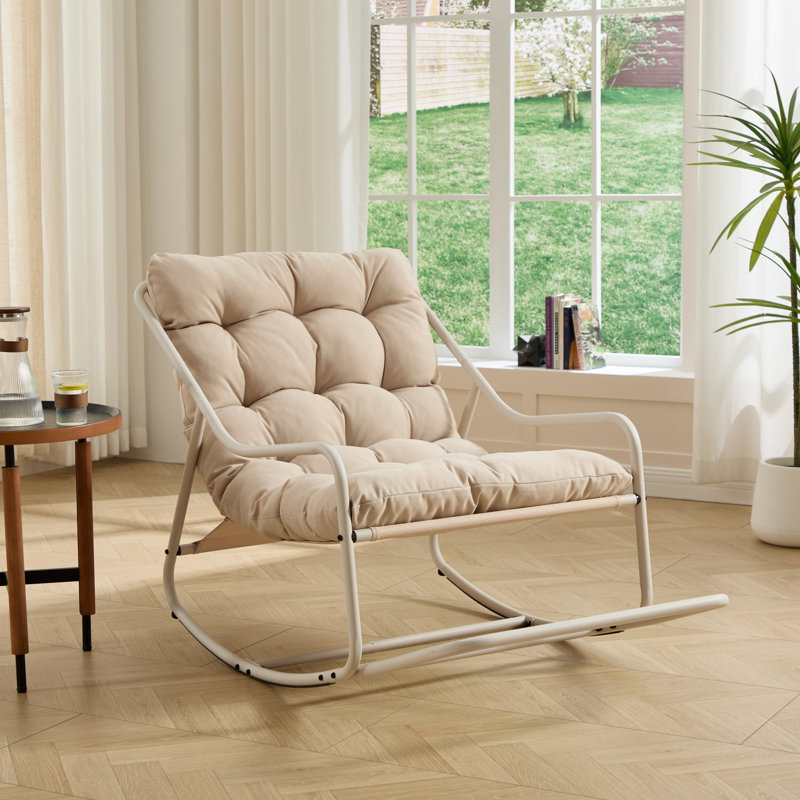 Chaise berçante d'extérieur avec coussin, Beige, Blanc