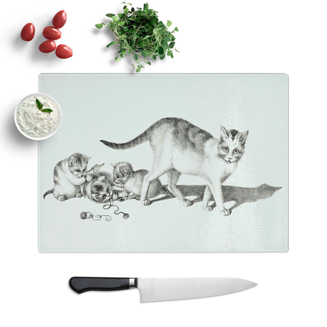 Tempered Glass Cat with Playful Kittens Chopping Board