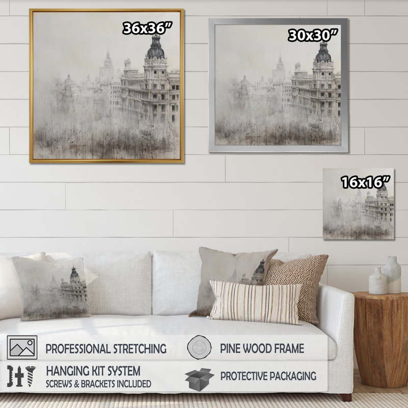 Architecture historique de Madrid sous la pluie I - impression d'art mural de Madrid, H 30 po x l 30 po, Brun