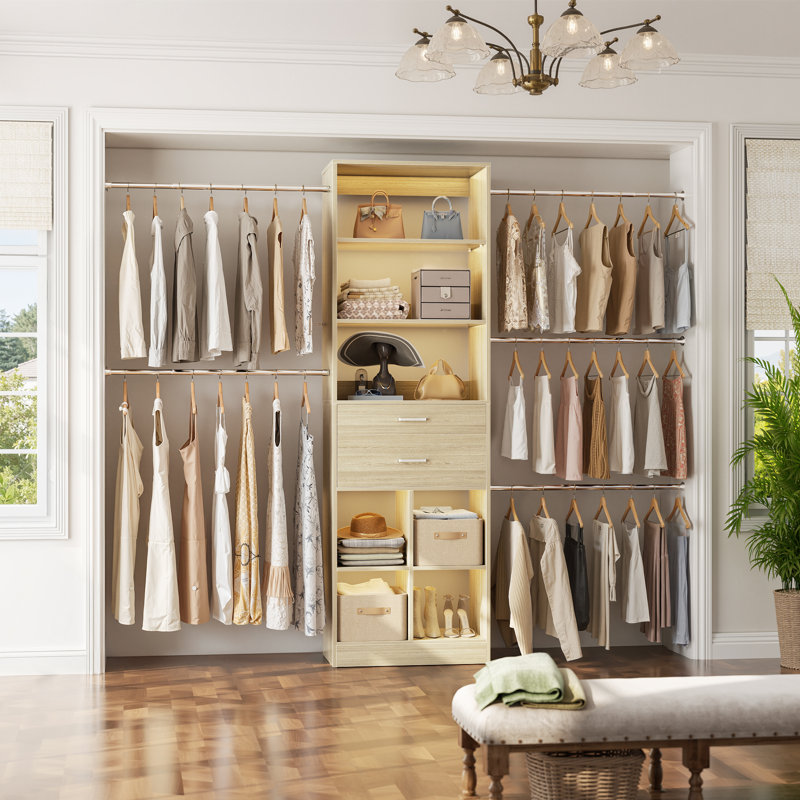 66"-100"Closet System With 2 Wooden Drawers And 5 Hang Rods, White Wood