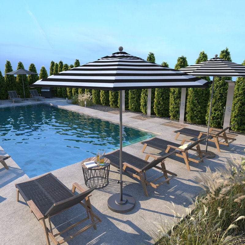Parasol de marché commercial en aluminium Geil, Cabana classique à rayures noires Sunbrella®, Argent anodisé