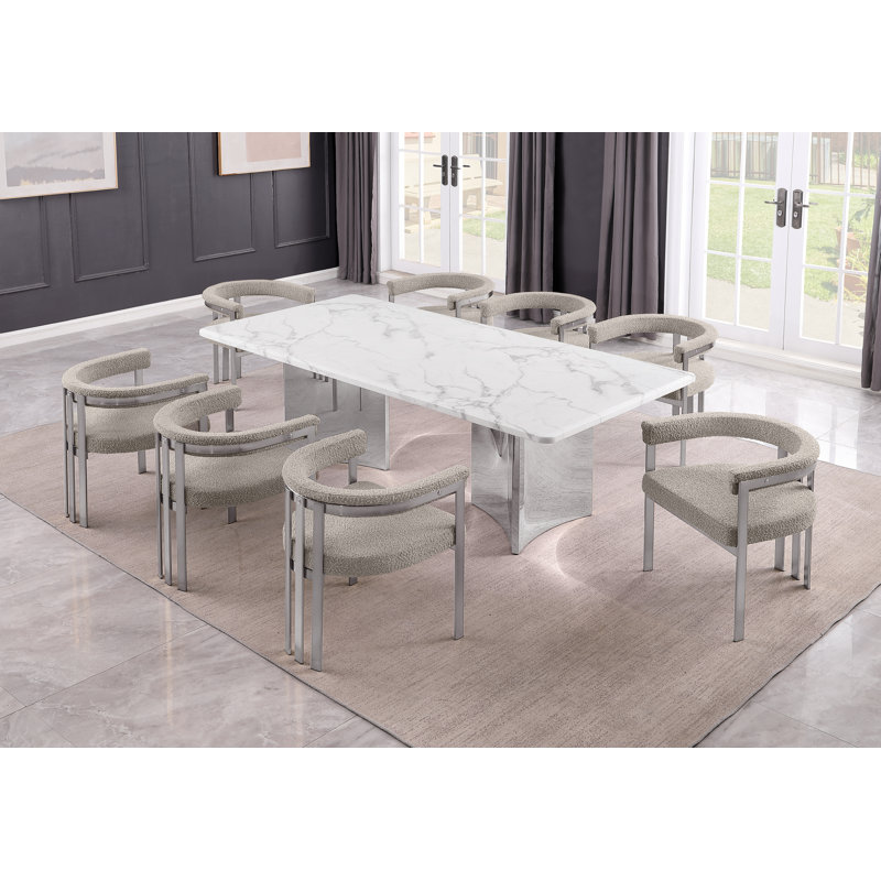 Ensemble de salle à manger en marbre blanc Grand avec chaises d'appoint en tissu Boucle, Gris, Argent argent