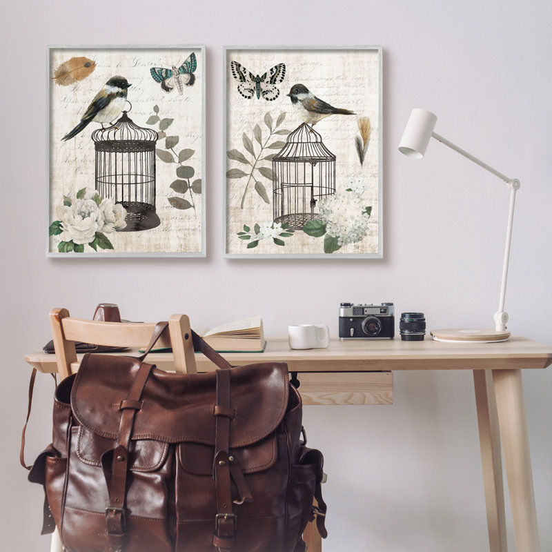 Cage à oiseaux rétro perchée par Timeless Cursive par Nan - ensemble de 2 impressions sur toile, H 30 po x l 48 po x P 1,5 po