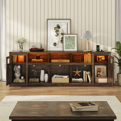 Meuble télé 95 po pour téléviseur de 100 po ou moins avec prises de courant, grande console multimédia avec lumières DEL pour le salon