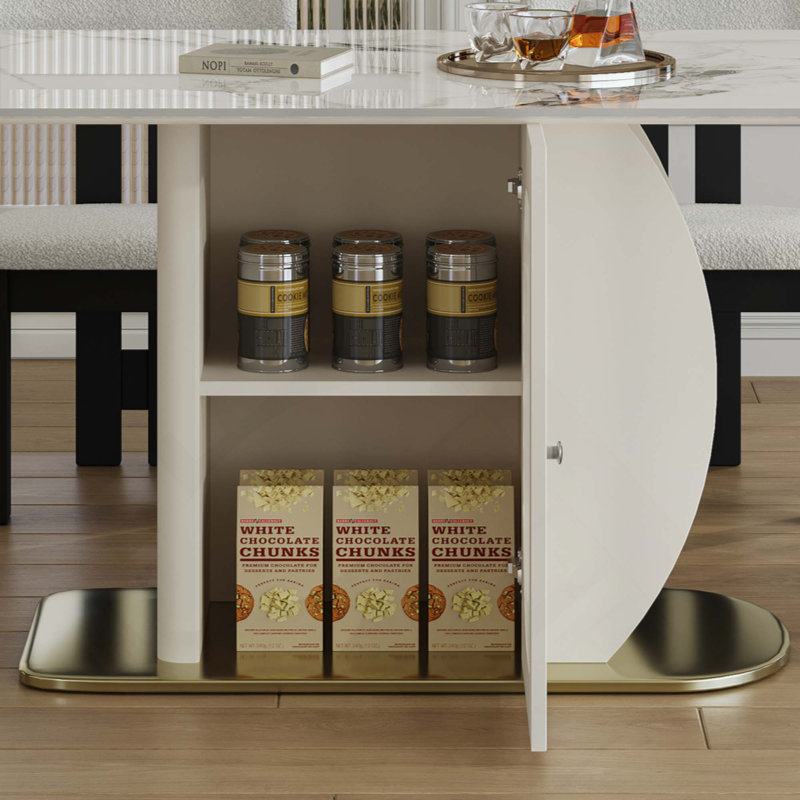 Ensemble de table de salle à manger moderne pour 4 à 6 personnes avec rangement, plateau en pierre brûlée et base en bois massif, comprenant 6 chaises en velours pour la cuisine et les appartements