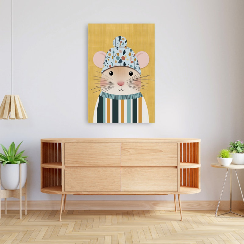 Cozy Winter Mouse Playful Whimsical Contemporary Animal Portrait Wall Art Print by Mathieu - Wrapped Canvas Print