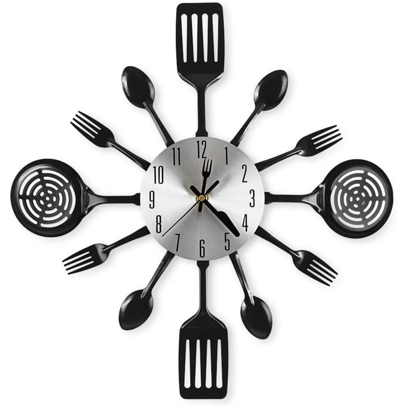 16" Black Non-Ticking Kitchen Cutlery Wall Clock