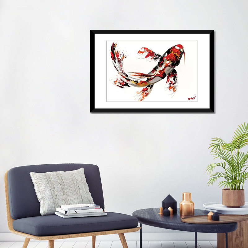 «Swiger Koi Fish», reproduction sur toile, Papier d'art encadré noir, H 24 po x l 32 po x P 1 po, Blanc