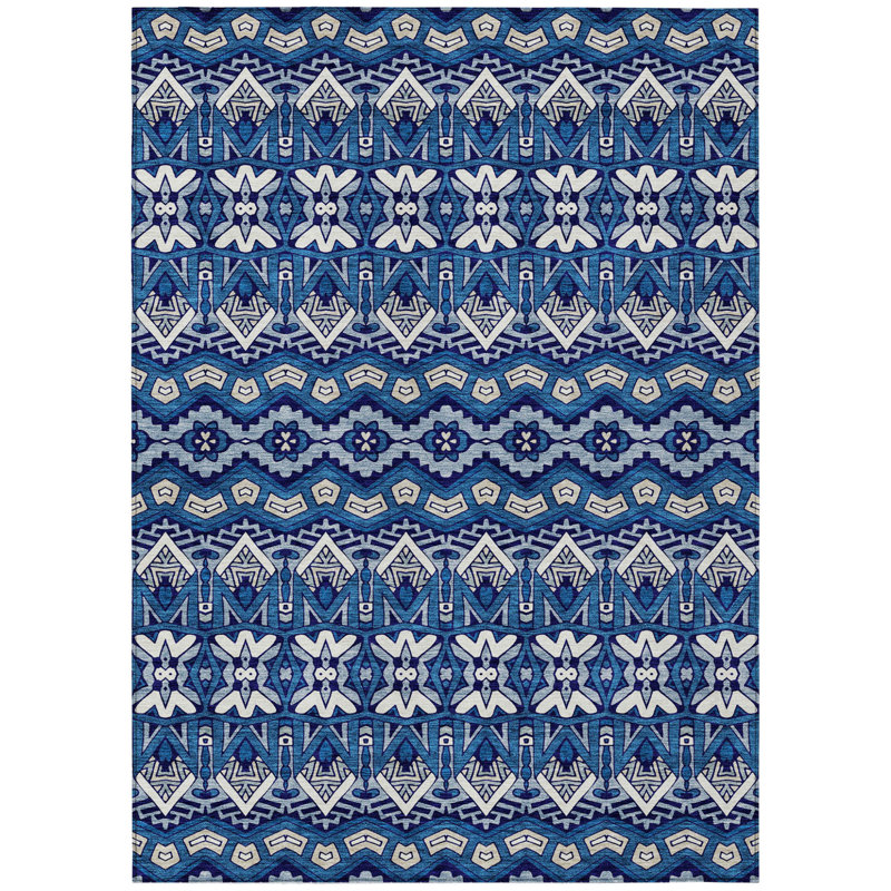 Tapis intérieur / extérieur marocain lavable bleu marine et ivoire 10 pi x 14 pi