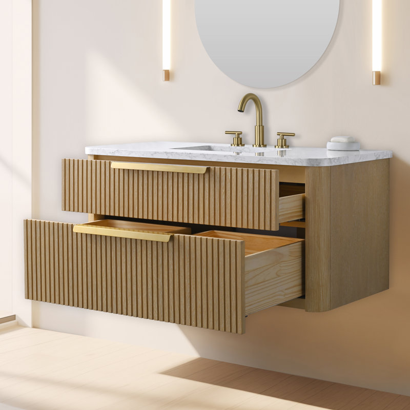 Liljan 42'' Wall-Mounted Single Bathroom Vanity, Classic Oak/Brushed Bronze
