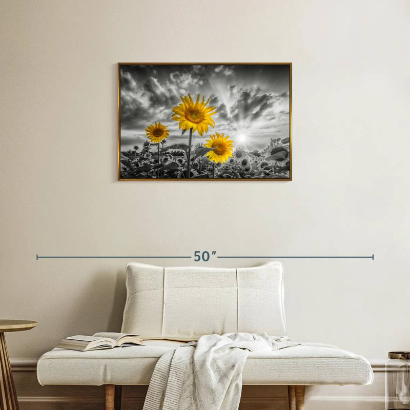 Tournesols de couleur jaune coucher de soleil, Cadre flottant doré, 31 po x 21 po