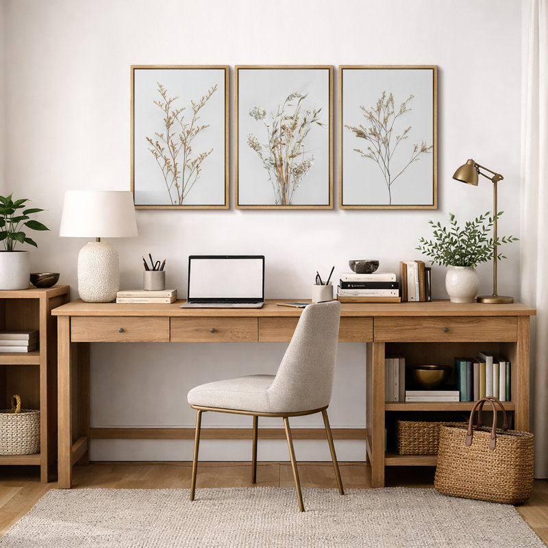 Minimal Botanical «Neutral Wildflowers Floral Art, Simple Organic Modern Wall Images, Large Encadré, Impression Giclée sur Toile, 3 pièces, ensemble de 16 x 24 x 3, 24 x 36 x 3