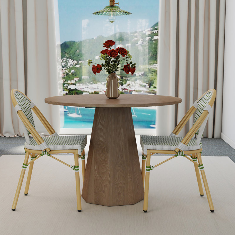 Round Dining Table Set, Mid Century Modern Small Round Dining Table Set, Brown/Green/White, 3 Pieces: Table, 2 Chairs