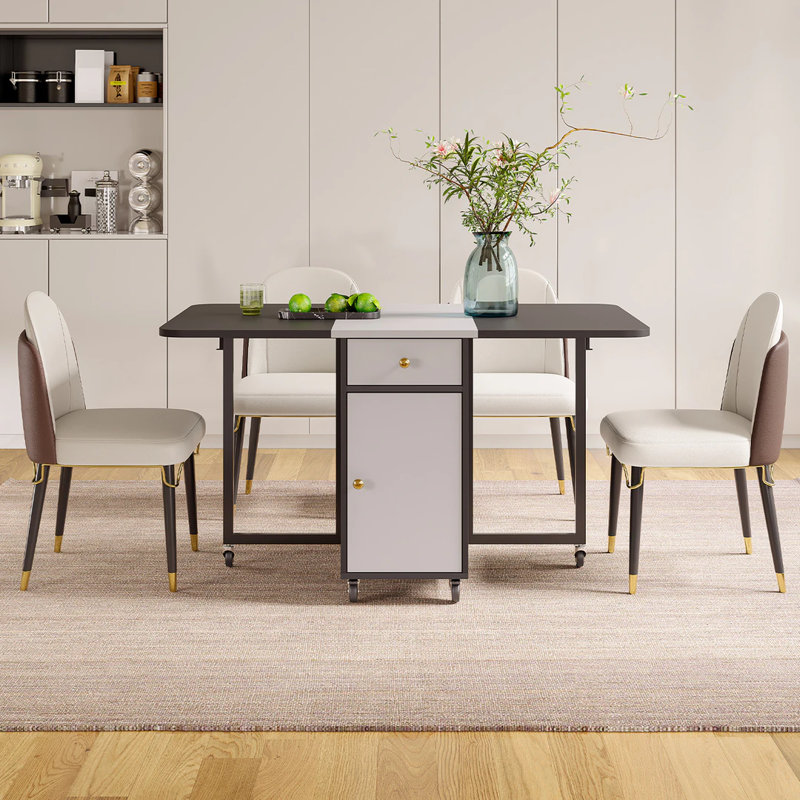 Modern White & Black 17.7"-53.6" Small Rectangle 4-6 Seater Folding Dining Room Table with Storage on Wheels