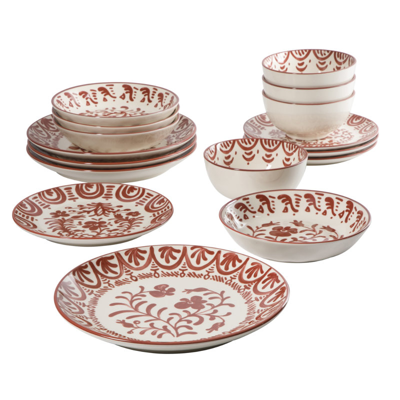 Bloomhouse – 2-Time Oprah’s Favorite Things – Valencia Flor 16 Piece Dinnerware Set, Artisanal Decorated Stoneware Plates & Bowls, Service for 4, Pomegranate Red
