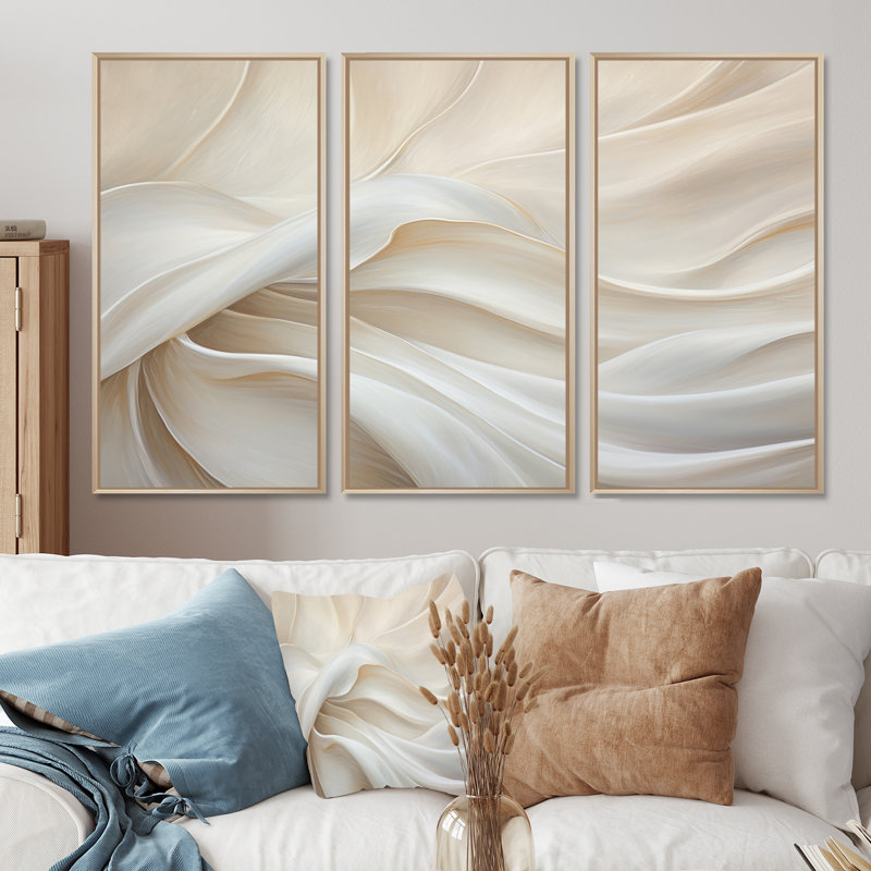 White Silk Fabric River - Fashion Canvas Wall Art Set, 32" H x 48" W, Maple Floater Framed