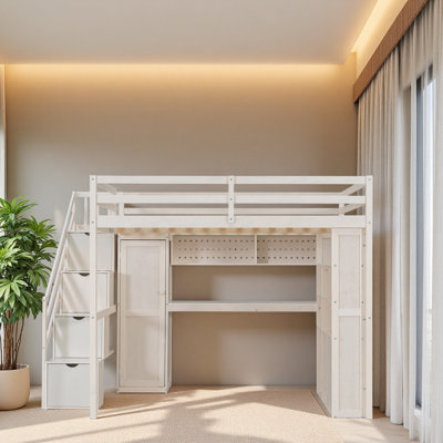 Full Loft Bed Frame With Built-In Wardrobe, Study Desk, Storage Shelves & Lights, Space-Saving Design For Bedroom