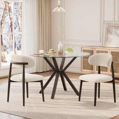 Ensemble de table de salle à manger ronde en verre trempé pour 2 à 4 personnes, table de salle à manger en verre trempé avec base en métal noir et 4 chaises rembourrées en lin, ensemble de table de salle à manger moderne