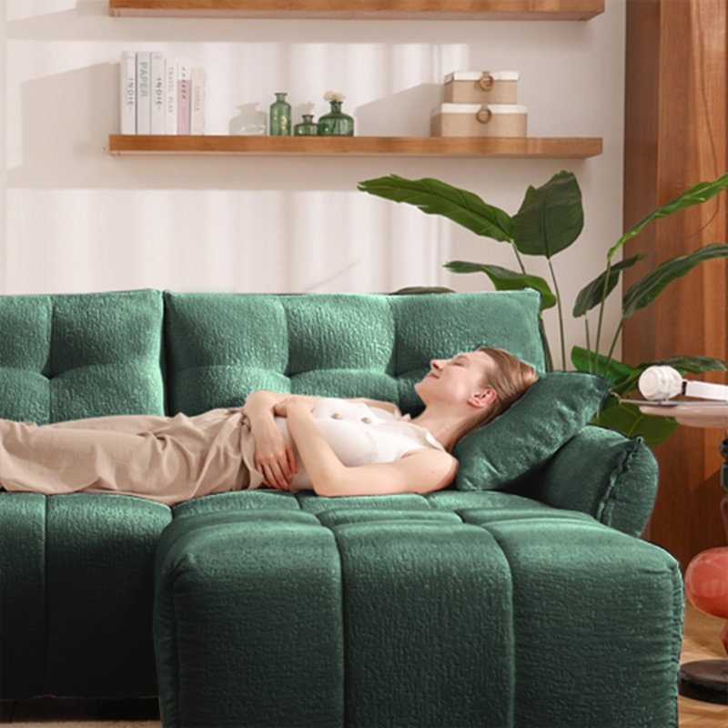 Chenille Fabric Upholstery Sofa with Ottoman, Green, 35" H x 79" W x 33" D