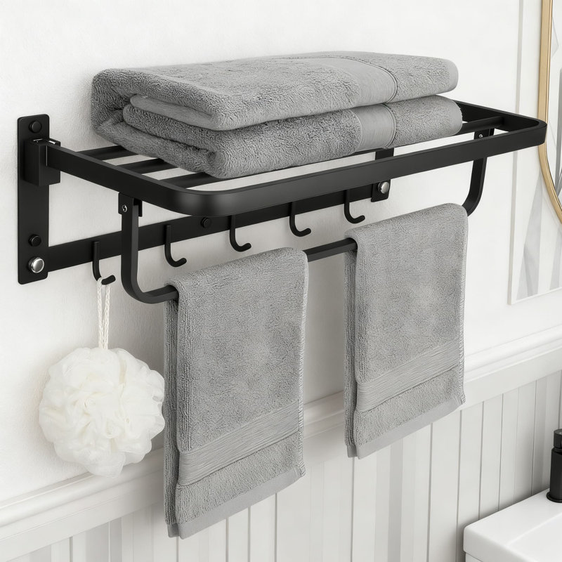 Porte-serviettes mural pliable avec 5 crochets, rangement pour salle de bain en acier inoxydable avec tablette et barre à serviettes